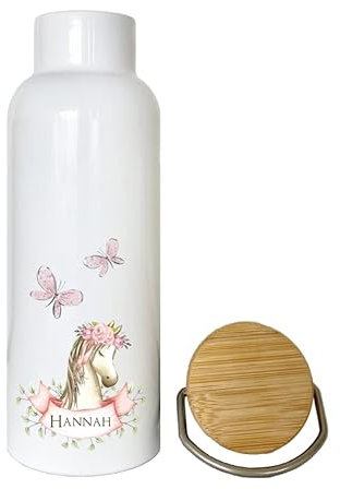 Manufaktur Liebevoll Trinkflasche mit Namen | Personalisiertes Geschenk | 500 ml Isolierflasche aus Edelstahl mit Bambusdeckel | mit zauberhaftem Pony