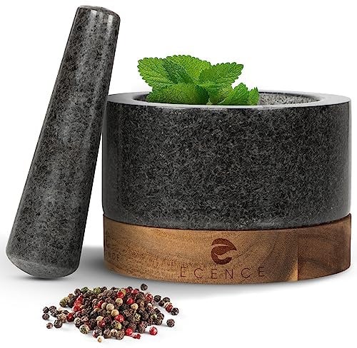 ECENCE Mortero Cocina en Madera de Acacia y Granito - Mortero y Maja Sólido para Especias para un Machacado Perfecto - Mortero Piedra Grande Ø15,5cm