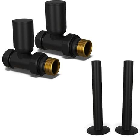 UK Radiators Round Black Radiator Valves and Pipe Covers - Black Matt Finish - Classy and Modern Design 1/2 x 15mm Straight Radiator Valves - Pair of Valves with 130mm Pipe Covers