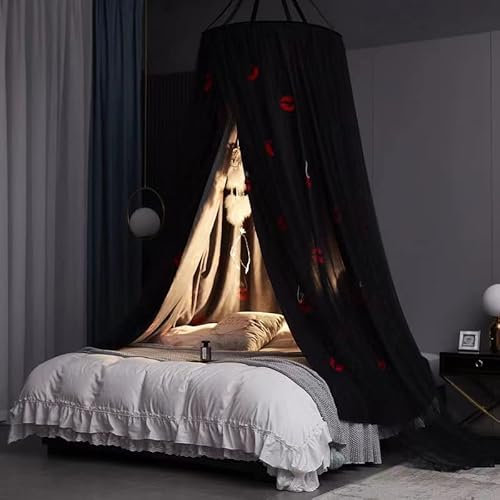 Padiouxs Luxuriöse Betthimmel-Vorhänge für Mädchen, Erwachsene, Kinder, doppellagig, Prinzessinnen-Betthimmel, runde Kuppelspitze, Netz für Doppelbett, Queen-Size-Bett (BlackLips)