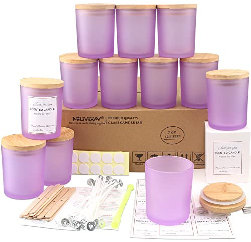 MILIVIXAY Lot de 12 bocaux à bougies en verre dépoli violet de 200 ml avec couvercles et kits de fabrication de bougies – Pots vides en vrac pour la fabrication de bougies.