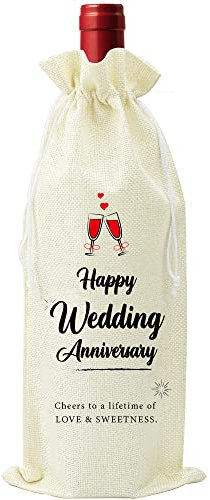 Wedding Anniversary Wine Bag, Couple Gift for Married Anniversary, Flax Drawstring Wine Bag (1 Pack)