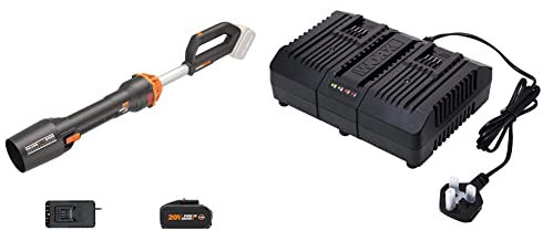 WORX NITRO 18V Cordless Leaf Blower, PowerShare, Brushless Motor 2.0, Max. 209km/h Air Speed, 2-Speed Control, 1pc 4.0Ah Battery, 1pc Charger Included & WA3883 20V Dual Port Fast Battery Charger