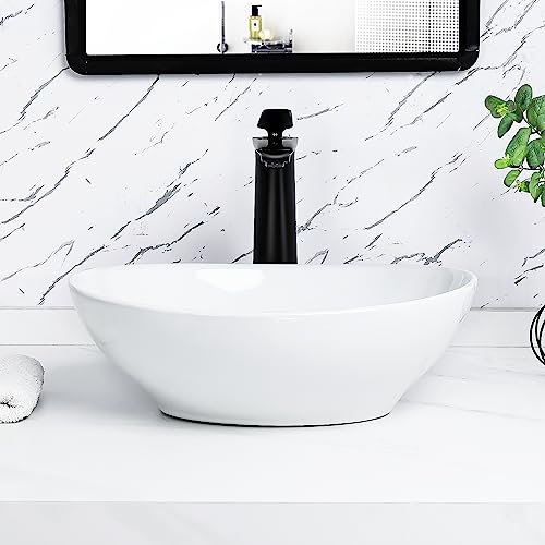 Tysun Évier ovale – 40,6 x 33 cm en forme d'œuf – Lavabo moderne au-dessus du comptoir en porcelaine blanche en céramique pour salle de bain avec bonde pop-up