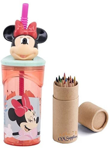 OM SUPPLIES Minnie 3D Figurine Cartoon Characters Reusable Tumbler Childrens Drinking Cup Straw 23 x 7.5 x 7.5cm Includes Half Size 12pcs Pencil Set (Minnie)