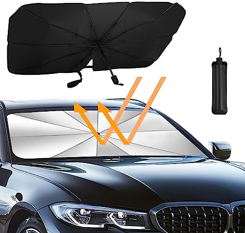 RISVOWO Parasol Coche Delantero Plegable Tipo Paraguas, Anti UV, Fácil de Instalar y Almacenar, para Mayoría de Coches, SUV, Camiones (140x80cm)