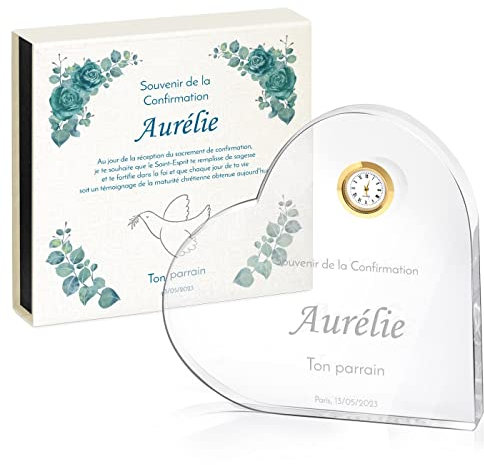 Maverton Cœur en verre personnalisable - Statuette en cristal 3D avec horloge et boîte élégante - à offrir pour baptême - souvenir de communion - pour filleul - filleule - confirmation -