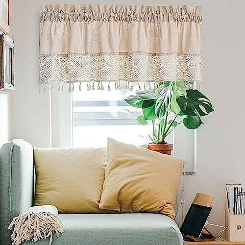Molaxhome Leinen Scheibengardinen mit Quaste Kurzstores Boho Valances für Fenster Küche Fenster Behandlungen Tier Vorhang für Bad Schlafzimmer Dekore Bauernhaus 150x60