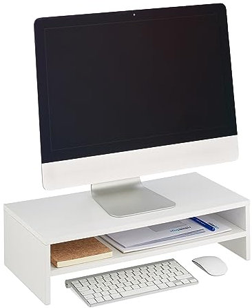 Relaxdays Supporto per Monitor, Rialzo Stand PC con Ripiano, HxLxP: 14,5x54x25,5 cm, Alzaschermo da Scrivania, Bianco, Poliestere
