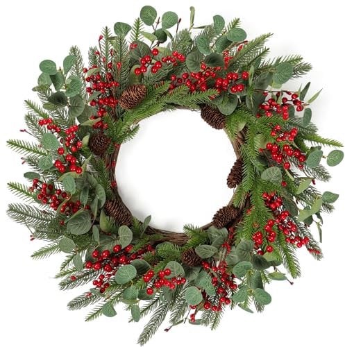 Betylifoy Weihnachtskranz Türkranz Weihnachten 60CM Großer Weihnachtstürkranz mit Beeren Tannenzapfen Eukalyptus Girlande für Weihnachten Winter Haustür Kamin Dekorationen
