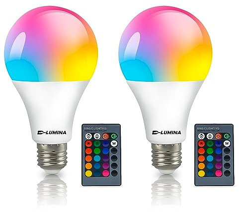 D-Lumina Ampoule LED RVB, ampoules à couleur changeante avec télécommande, RGBW blanc chaud 5 W E27 culot à vis, ampoule de lumière d'ambiance – 16 choix de couleurs (lot de 2)
