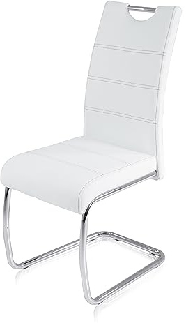 KHG Esszimmerstuhl Schwingstuhl Polsterstuhl Küchenstuhl Kunstleder weiß | Designstuhl Sitzhöhe 48 cm, Freischwinger mit integriertem Griff, LED, für Esszimmer und Wohnbereich, für den Alltag