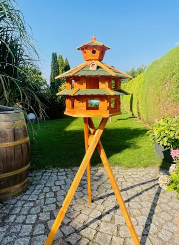 DARLUX Vogelvilla wetterfest von L bis XXL Futterhaus Vogelhaus mit oder ohne Ständer in Braun mit Rot, Grün oder Blau für Garten und Balkon (Größe XXL mit Ständer, Grün - Braun)