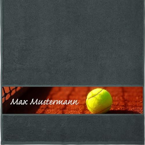Handtuch mit Namen - personalisiert - Motiv Sport-Tennis - viele Farben & Motive - Dusch-Handtuch - anthrazit - Größe 50x100 cm - persönliches Geschenk mit Wunsch-Name