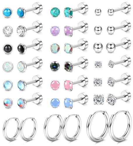 JeweBella 21Pairs Kleine Ohrstecker Chirurgenstahl Damen Flatback Ohrringe Hypoallergen Zirkonia Stern Opal Mondstein Knorpel Ohrringe Set Silber Creolen Piercing Ohrstecker für Mehrere Ohrlöcher