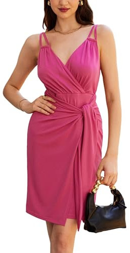 Damen Elegantes Cocktailkleid Ärmellose V Ausschnitt Doppeltem Träger Abendkleid Rose Rot S