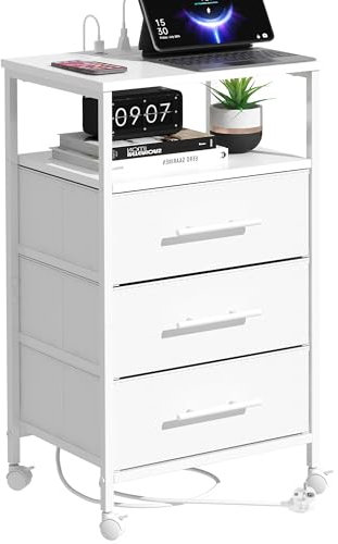 MYGIIVOVO Table de chevet avec port de charge, 2 prises CA et 2 ports USB, pour chambre à coucher ou salon, Blanc, 30cm(D) x 40cm(L) x 70cm(H)