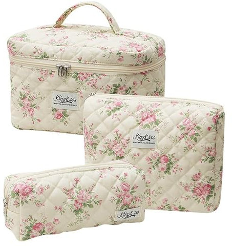3Stück Kosmetiktasche Set Damen,Blumen Kosmetiktasche Aesthetic Make Up Bag Tasche Gesteppte,Groß Schminktasche, Travel Essentials Aesthetic Stuff Clean Girl (10)