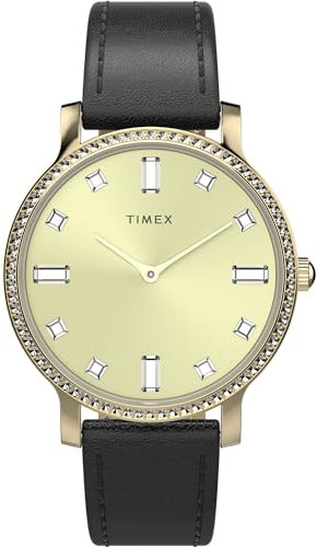 Timex Trend Damen-Armbanduhr, 34 mm, schwarzes, zweiteiliges Lederarmband mit Schnellverschluss, goldfarbenes Zifferblatt, goldfarbenes Gehäuse TW2W84600
