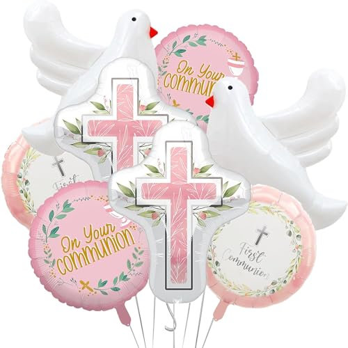 Luftballons Kommunion, 8pcs Taufe Luftballons, Erstkommunion Luftballon, Luftballons Kreuz, Weiße Tauben Ballons, Geeignet für Mädchen, Kleinkinder, Erstkommunion, Taufparty(Rosa)