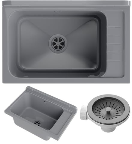 GRANITAN Lavandino da Esterno per Garage Lavanderia e Officina - Lavatoio per Installazione Interna ed Esterna - Lavello da Lavoro Universale - 58x38x26,7 cm - Grigio