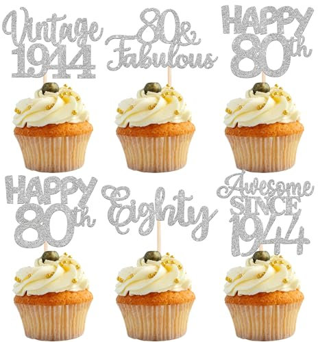 30 Stück Vintage 1944 Cupcake Toppers Glitzer Happy 80th Geburtstag Tortendeko Cheers to 80 Fabulous Eighty Kuchen Deko für 80th Geburtstag Hochzeit Jahrestag Party Silber