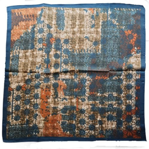 GIMIRO Schal aus imitierter Seide [53 x 53cm] Quadratische Schals Eleganter Seidentuch Türkis-Bronze Blumenmuster Vintage-Optik (68# O01 Blue/Orange Dream)