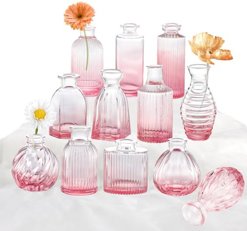 Rosa Vase, 12er-Set Glas-Knospenvasen, Klein, für Blumen, Bunte gerippte Blumenvasen zur Dekoration, im Großpack, Vintage-Deko, Hochzeits- und Brautparty-Mittelstücke, Tischdekoration für Zuhause