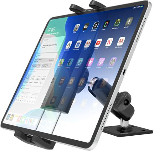 LYFPOOM Soporte de coche resistente para camión o tableta de coche, superficie metálica, base de taladro, tableta, soporte de coche, para teléfono móvil y tablet de 4 a 12,9 pulgadas, iPad