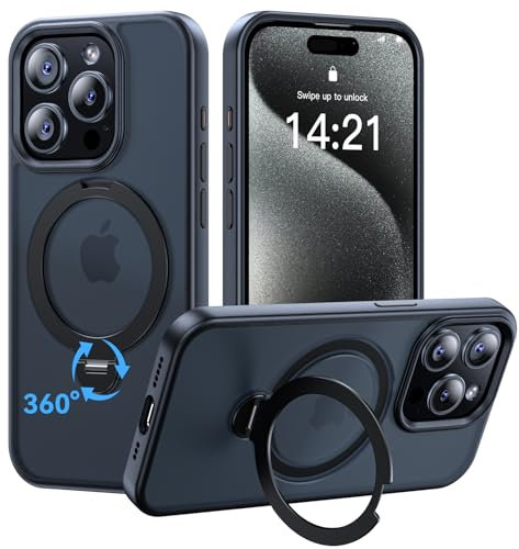 Helssitot 360° Magic Stand Kompatibel mit iPhone 15 Pro Max Hülle für MagSafe,[Unsichtbarer Ständer][Militärstandard] Stoßfest Matt Durchscheinende Samtweiche Haptik Handyhülle Schwarz