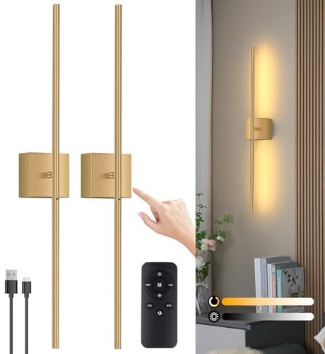 Battery Operated Wall Lights Indoor, USB Rechargeable LED Wall Lamp with Remote Control, Dimmable Touch Wall Light Wireless, Gold 80CM 350° Rotation Modern Wall Sconce for Living Room Bedroom, 2 Pack