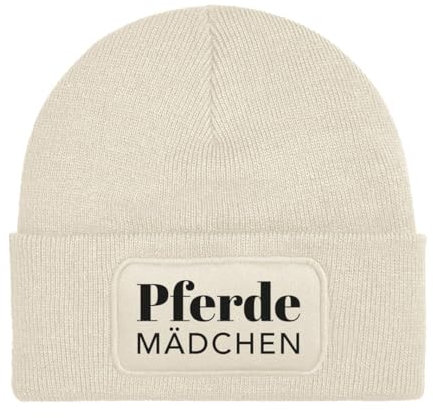 Pferde Beanie - Wollmütze mit Spruch: Pferdemädchen - Strickmütze lustig als Geschenk für Tochter, Freundin, Frau - Kappe, Mütze - Pferdegeschenke (DE/NL/SE/PL, Alphanumerisch, Einheitsgröße, Beige)