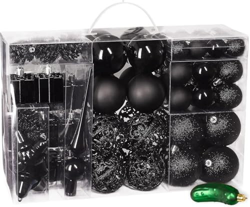 BRUBAKER 101 Stück sortierte Weihnachtskugel-Ornamente – bruchsicher – mit grüner Gurke und Baumspitze – entworfen in Deutschland – Mitternachtsschwarz