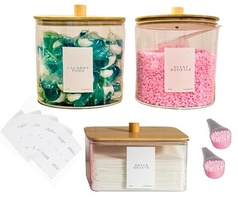 Juego de 3 recipientes de lavandería para organizar, soporte para hojas de secadora y tarros grandes para ropa sucia con tapas, etiquetas y cucharas, recipientes de plástico herméticos para polvo,