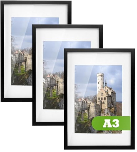 Nicola Spring A3 Picture Frame Black with A4 Mount Acrylic Glass | 29.7x42cm Acrylic Frame, Glass Front, A3/A4 Display, Black Finish, Portrait Landscape, Mount Included, MDF Backboard