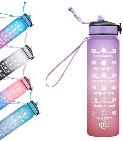 Trinkflasche 1L, BPA-Frei Tritan Wasserflasche mit Strohhalm, Sport water bottle mit Zeitmarkierung für Fitness, Schule, Yoga, Outdoor (Lila Hellorange)