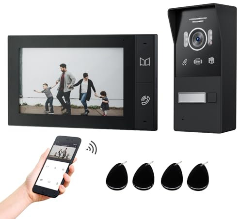 JeaTone WLAN Video-Türsprechanlage mit 7'' IP Touchscreen, 1080P Kamera-Türklingel, 2-Draht Video-Türsprechanlage, APP- und Kartenentsperrung, Bewegungsmelder,Nachtsicht,1 Familie