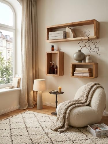 Design Wandregal 3er Set BOHA Massiv Holzregale Akazie Landhausstil | Rustikales Wandregal-Set Holz | Hängeregal Viereckig Echtholz | Wand-Regale | Hängend Würfel |