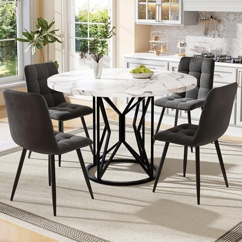 Lexiou Esstisch-Set (5-teilig), Esstisch-Set mit 4 Stühlen, Küchentisch-Set, runder Esstisch mit 100 cm Durchmesser, MDF-Tischplatte,Samt-Esszimmerstuhl