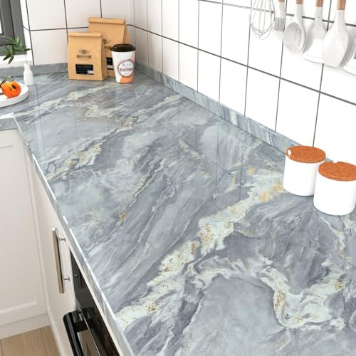HotDecor Grey Blue/Gold Glossy Marble Wallpaper Peel and Stick Vinyl Wrap for Kitchen Cupboards Blue Sticky Back Wallpaper Kitchen Worktop Vinyl Covering Waterproof Bathroom Wall Paper 60cm x 300cm