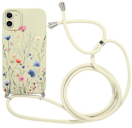 Vxinvnoi Handykette Handyhülle für iPhone 11 6,1 Hülle mit Band, Aesthetic Muster Blumen Kordel zum Umhängen Case, Weich Dünn Silikon TPU Bumper Stoßfest Schutzhülle Cover für iPhone 11, Beige1