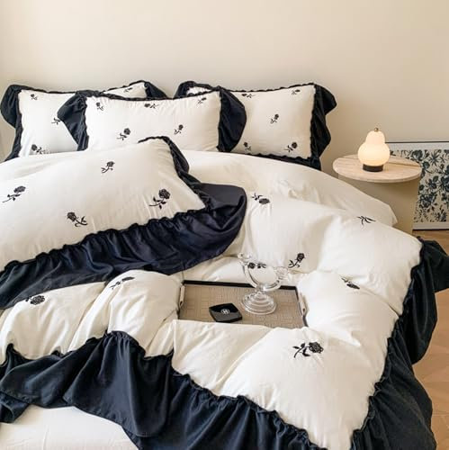 Sedefen Housse de Couette 220x240cm Volants Fleurs Broderies Parure de Lit 2 Personnes Ado Blanc Noir Feuille de Lotus Linge de Lit en Microfibre avec Fermeture Éclair et 2 Taie d'oreiller 65x65cm