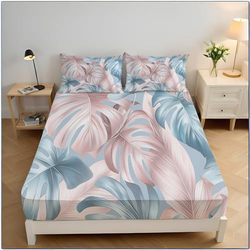 Sabanas Bajeras 180x200cm Sabana Bajera Microfibra Rubor en Polvo Sábana Bajera Ajustable Suave Transpirable Sabánas con Elásticos Diseño De Hojas De Monstera para Colchón con Una Altura 30cm