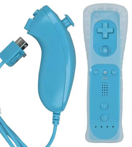 MOVHEIYL Ersatz fernbedienung für Wii und Wii U, integriertes 2-in-1 Motion Plus mit Silikonhülle und Nunchuck (blau)