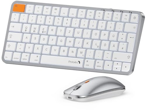 ProtoArc Beleuchtete Kompakte Bluetooth-Tastatur und Maus für Mac, KM90-A Mehrgeräte Kabellose QWERTZ Tastatur und Maus für Mac, Leise und Aufladbar, Keyboard Für MacBook Pro/Air, iPad –Weiß Silber