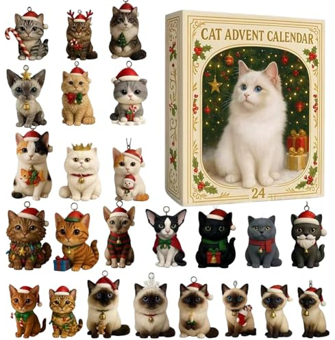 Katzen Adventskalender 2025, Acrylic Weihnachtsbaum Katzen Anhänger, 24-Tage-Weihnachts-Countdown-Kalender für Katzenliebhaber, Weihnachtsbaumschmuck für Katzenliebhaber