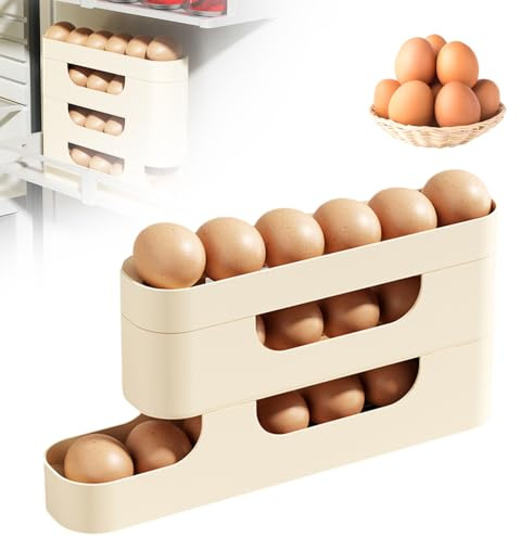 3/4 Etagen Eierbehälter für Kühlschrank, 2025 Neu Platzsparender Rollender Eierspender für Kühlschrankaufbewahrung, Organizer aus Stabilem Material Hält 12-14 Große Eier (3 Etagen)