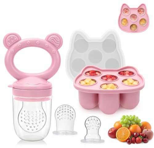 MR.TIMELAG Fruchtsauger Baby, Silikon Obstschnuller (mit Eiswürfelform), für Obst Gemüse Brei Beikost, Babybrei Einfrieren Behälter für Babynahrung Muttermilch, Beißring Zahnungshilfe, BPA-Frei (Rosa)