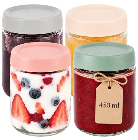 Relaxdays Einmachgläser, 4er Set, 450 ml, transparent/bunt | Twist Off Deckel, Einkochen & Einmachen, Marmeladengläser