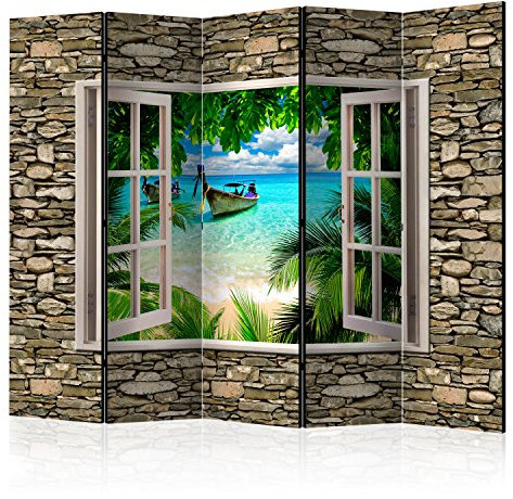 RAUMTEILER/PARAVENT B&D XXL - Paravent Raumteiler Innen Fensterblick Fenster Landschaft 225x172cm 5-teilig Einseitig Raumtrenner Trennwand Holz Room Divider Spanische Wand Raum Abtrennung blau braun